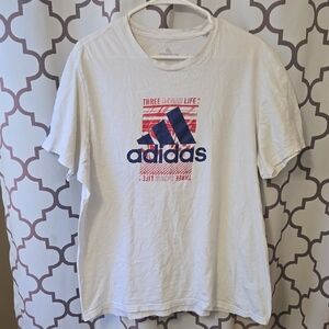 adidas White Tee with Red Stripe and Navy Logo